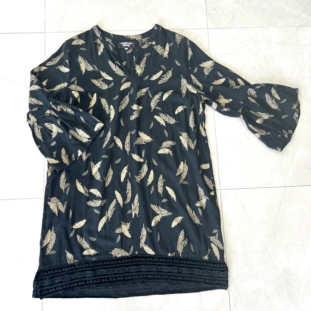 JOHNNY WAS Workshop Black Metallic Gold Feathers Embroidered Hem Mini Dress Sz L - Picture 11 of 16